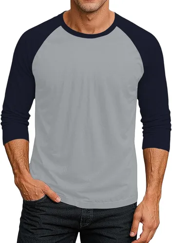 Vista 11 de Camiseta de béisbol raglán para hombre, manga larga, cuello redondo, tela ligera que absorbe la humedad para uso casual