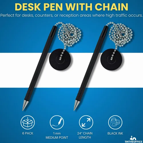 Vista 2 de 1InTheOffice Bolígrafo con cadena, bolígrafo de seguridad para mostrador, almohadilla redonda adhesiva, negro, paquete de 6