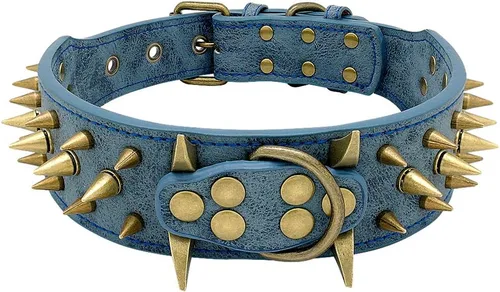 Vista 9 de Collar de perro de cuero con púas de 2 pulgadas, remache afilado antimordidas para perros Pit Bull medianos y grandes, cuello marrón para 14-19