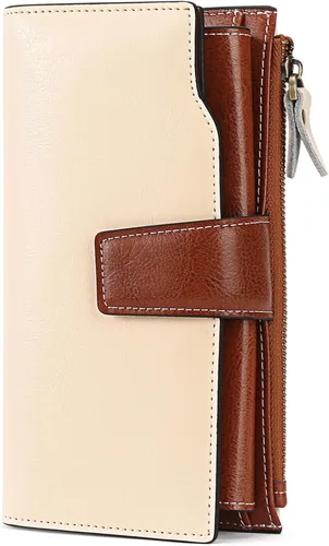 Vista 6 de SENDEFN Carteras de cuero para mujer, con bloqueo RFID, tarjetero con bolsillo con cremallera, Beige Marrón, Minimalista
