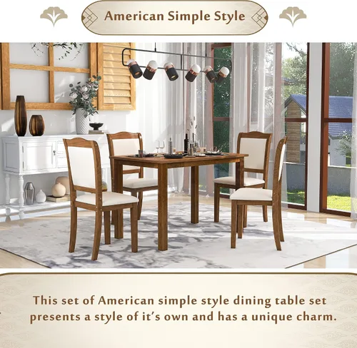 Vista 5 de RUNNA Juego único de mesa de comedor de madera de 5 piezas con mesa rectangular y 4 sillas tapizadas, para lugares pequeños y cocina, cómodo