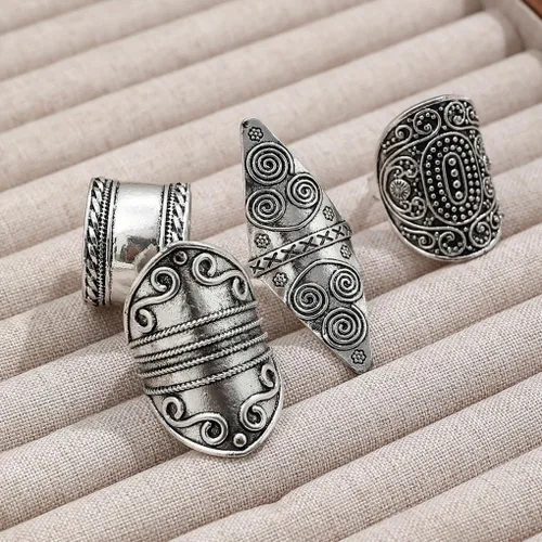 Vista 6 de Anillos bohemios gruesos del oeste para mujeres y hombres, anillos grandes apilables vintage, anillos grandes para nudillos, plateado, turquesa