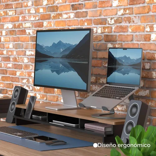 Vista 4 de Estante de escritorio con soporte de monitor dual de 42.5" con soporte para tableta de teléfono