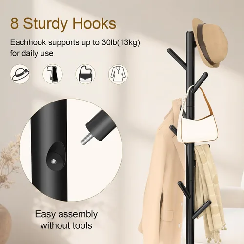 Vista 5 de Perchero de pie con base cuadrada estable para ropa, sombreros, usado en dormitorio, oficina y entrada, árbol para abrigos resistente y de fácil