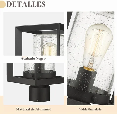 Vista 3 de Emliviar Luces de Poste Accesorio para Exteriores, Farol de Poste de 1 Luz, Acabado Negro, Vidrio Granulado, 2083P BK Luz de poste sin función