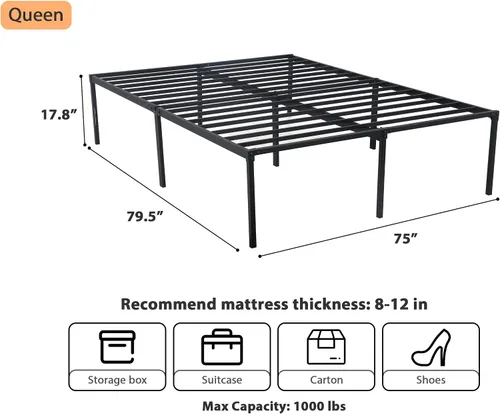 Vista 2 de Marco de cama King de 18 pulgadas, marco de cama resistente, no necesita somier, marco de cama de metal tamaño King con almacenamiento y soporte