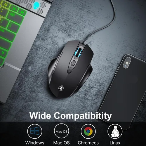 Vista 4 de Uineer Wired Mouse, USB-A Computer Mouse with 6 Buttons,Adjustable Negro