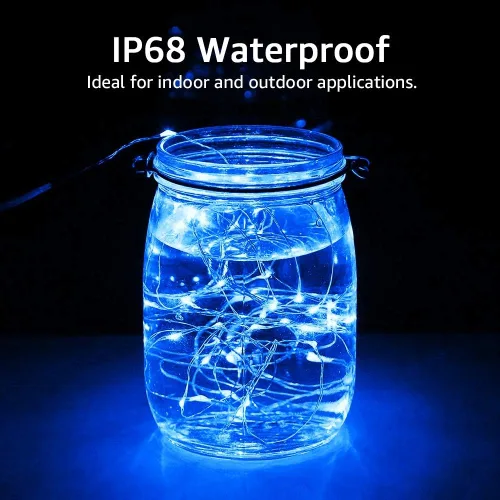 Vista 6 de Olafus Paquete de 16 luces de hadas azules que funcionan con pilas, mini tira de luces estrelladas impermeables IP68, 7 pies, 20 luces LED