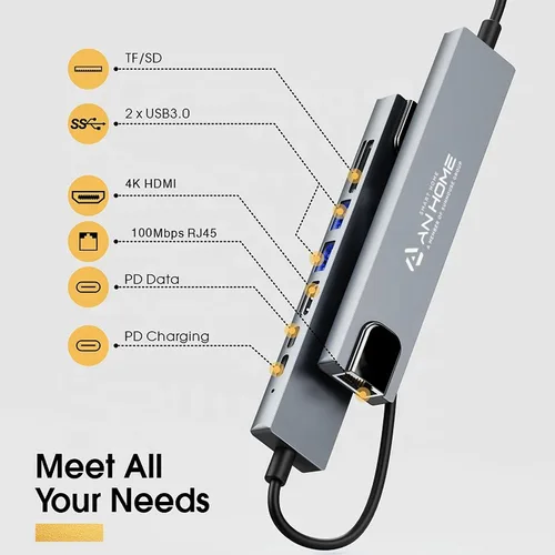 Vista 6 de AnHome Adaptador USB C Hub Ethernet HDMI 4K, 8 en 1 multipuerto Dock USB-C a RJ45 Ethernet USB 3.0 SD/TF lector de tarjetas SD/TF de 87 W PD puerto