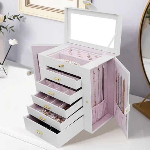 Vista 7 de AKOZLIN - Organizador de joyería extra grande de 6 niveles con espejo, estuche de joyería de cuero con 5 cajones para mujeres y niñas, para anillos