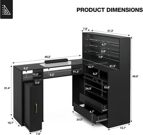 Vista 10 de Mesa de manicura en forma de L con estantes, estación de mesa de uñas con parte superior de cristal, resistente a acetona, con cajones de Negro