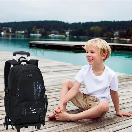 Vista 2 de Mochila con ruedas para adolescentes y niñas, mochila con ruedas para la escuela con seis ruedas, A-azul, M