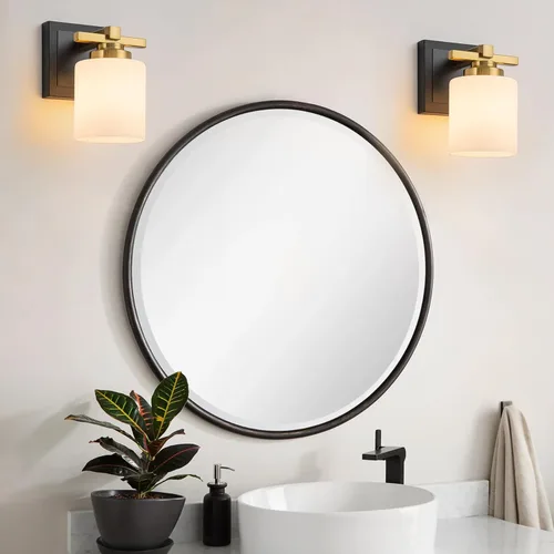 Vista 2 de 1 Luminaria Moderna de Baño sobre Espejo, Luces de Tocador Negro Dorado para Apliques de Pared de Baño con Pantallas de Vidrio Blanco Lechoso