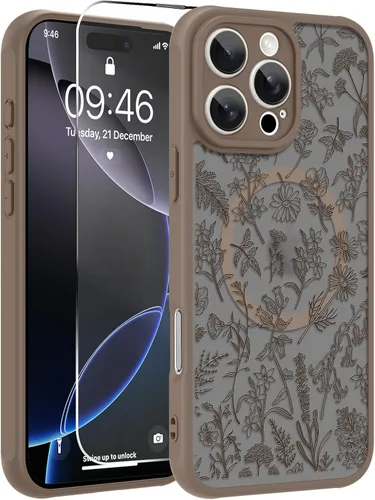 Vista 18 de OOK Funda magnética para iPhone 13 Pro Max [compatible con MagSafe] Funda delgada translúcida mate con flor silvestre negra, protección para lente