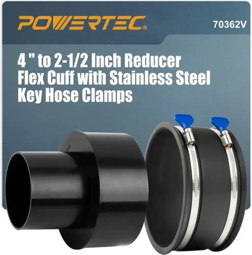 Vista 8 de POWERTEC 70322 Reductor de 4 a 2-1/2 pulgadas y manguito flexible de control de polvo de 4 pulgadas con abrazaderas de manguera de acero inoxidable