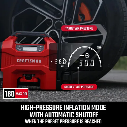 Vista 7 de CRAFTSMAN Inflador/Vacío/Soplador 3-EN-1, Compresor de Aire Portátil con Luz LED, Vacío o Soplador Silencioso para Coche, RV, Camión, 160 PSI, 12V