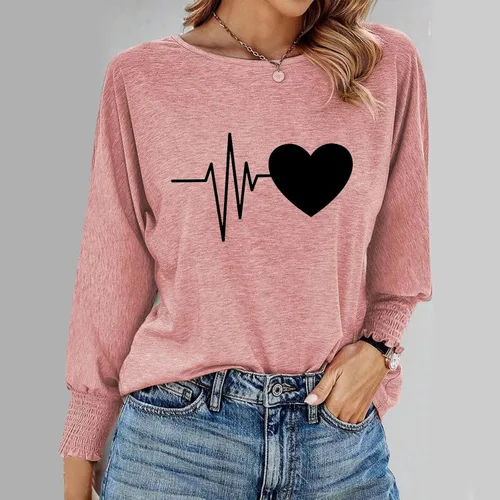 Vista 2 de Tuianres Womens Long Sleeve Tops Lightweight Casual Tee Blouse Round Neck Pullover Tops 2023 Fall Long Sleeve Graphic T-Shirt