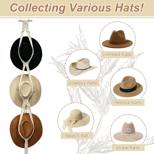 Vista 2 de Gute Colgador de macramé bohemio para colgar en la pared, organizador tejido con capacidad de 3 sombreros para sombrero de ala ancha, Fedoras
