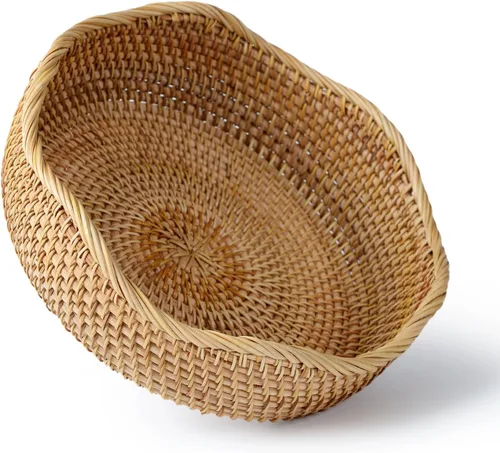 Vista 12 de YANGQIHOME Cesta de pan de ratán, cestas de frutas redondas, cuencos de almacenamiento de mimbre, cuencos de cesta de servicio tejida natural