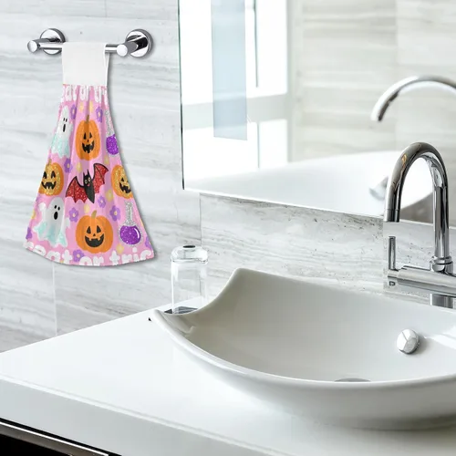 Vista 7 de Toalla de baño con diseño de acuarela, cara de perro, floral, lavanda, floral, calabaza, Halloween, juego de 2 toallas de Navidad para baño