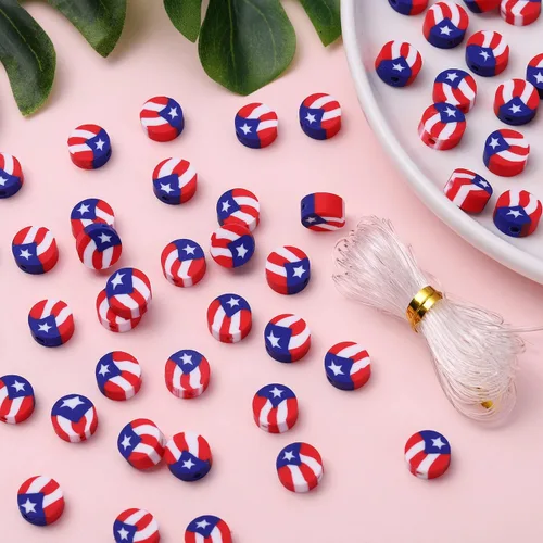 Vista 31 de 100 cuentas espaciadoras de arcilla polimérica para el Día de la Independencia del 4 de julio para hacer joyas, manualidades, pulseras, collares