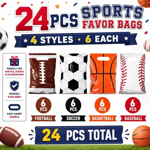 Vista 2 de Funrous 24 Pcs Football Sports Party Favor Bags Soccer Candy Gift Plastic Goodie Treat Bags Bulk with Handles for Baseball Basketball Theme Event