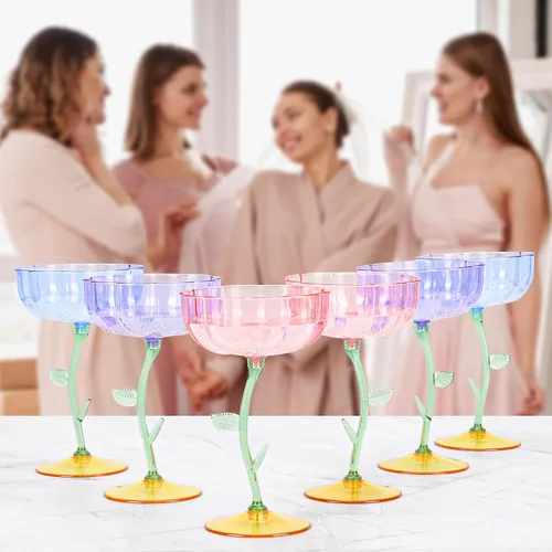 Vista 8 de 12 vasos de plástico azul acanalados cupé desmontables de 7 onzas, copas de cóctel de flores modernas onduladas de plástico, vasos de Martini