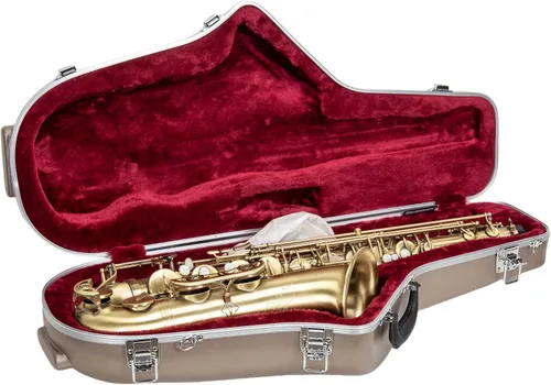 Vista 8 de Crossrock Funda para saxofón alto de ABS – Acabado champagne rectangular, interior de terciopelo burdeos, cerradura de seguridad y correa