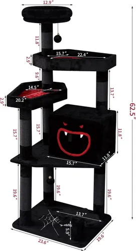 Vista 3 de YARUOMY Árbol gótico para gatos con cama de ataúd, torre negra de 62.5 pulgadas con espacioso condominio para gatos estilo demonio, percha de felpa