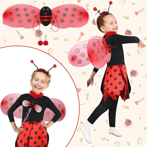 Vista 4 de Laumoi Ladybug Costume for Girls Ladybird Dress Fuzzy Leg Warmers Wing Pants Gloves Ladybug Outfit for Halloween Dress up