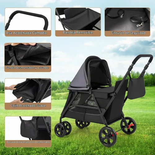 Vista 7 de PETSITE Cochecito para perros de 4 ruedas, cochecito plegable para gatos con entradas dobles, rampa, ventanas de malla, toldo ajustable