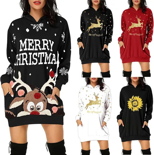 Vista 5 de Sudadera con capucha de Navidad para mujer, con estampado gráfico, sudadera holgada de manga larga con bolsillos