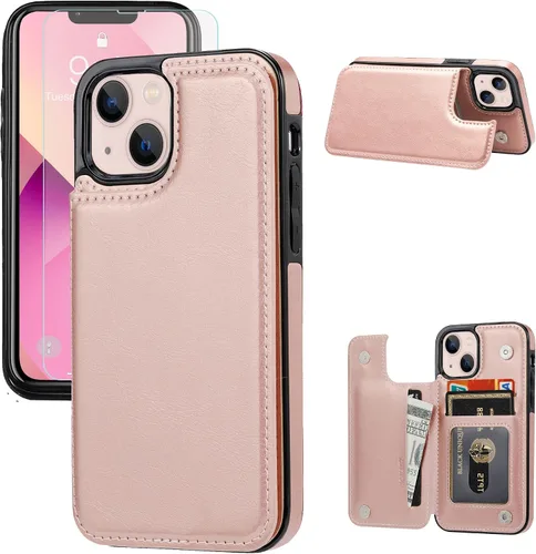Vista 12 de Funda tipo cartera compatible con iPhone 13, funda protectora delgada con tarjetero, cuero PU con soporte y ranuras para tarjetas con un cristal
