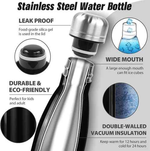 Vista 3 de Sfee Botella de agua aislada, botellas de agua de acero inoxidable de 17 onzas, botellas de agua reutilizables al vacío de doble pared a prueba