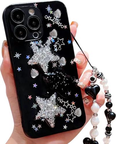 Vista 47 de Compatible con iPhone 11 Pro Funda Transparente Bonita con Diseño de Estrella con Purpurina en 3D con Perlas y Pulsera de Perlas, Diseño de Cadena