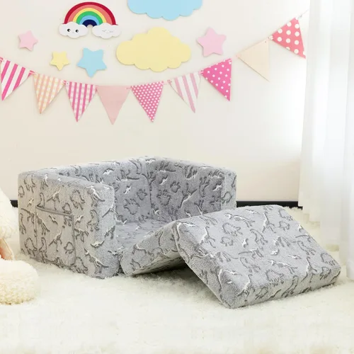 Vista 8 de ALIMORDEN 2 en 1 Sofá Convertible para Niños con Funda Sherpa, Sofá Convertible a Tumbona, Brilla en la Oscuridad, Dinosaurios