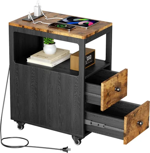 Vista 14 de Mesa auxiliar estrecha con estación de carga y ruedas, mesa auxiliar de sofá estrecha móvil con puertos USB y salidas para espacio pequeño, sala