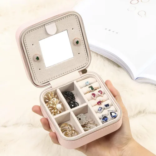 Vista 2 de TRODANCE Estuche de viaje para joyas con espejo, pequeño organizador de joyas de viaje, caja de joyería portátil, mini organizador