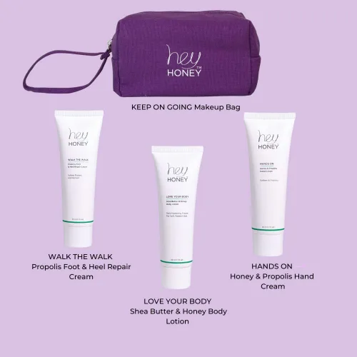 Vista 3 de Hey Honey Set de 4 piezas: Loción para el cuerpo, crema para pies Walk The Walk, crema de manos con miel, bolsa de maquillaje ecológica. Perfecto