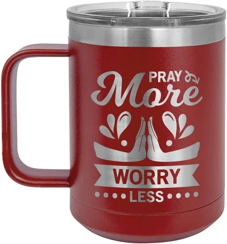 Vista 8 de PRAY MORE WORRY Less 15 oz taza de café con tapa superior deslizante Taza de café de viaje aislado Ideas de regalo de cumpleaños o Navidad