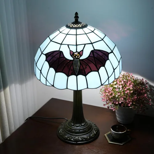 Vista 2 de Lámpara Tiffany de vidrio emplomado con murciélago azul océano, lámpara de mesa de 12" x 19", hecha a mano, decoración costera lista para LED