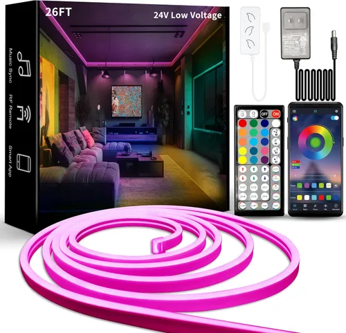 Vista 8 de Tira de luces LED RGBIC de 26 pies, luces LED con control remoto RF y aplicación, flexible, impermeable IP67 para exteriores, sincronización