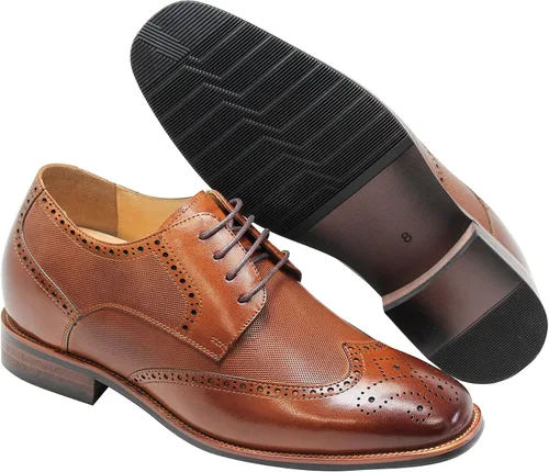 Vista 5 de CALTO Zapatos de ascensor invisibles para hombre - Cuero premium marrón con punta de ala con cordones Oxfords formales - 3 pulgadas más alto - Y10652