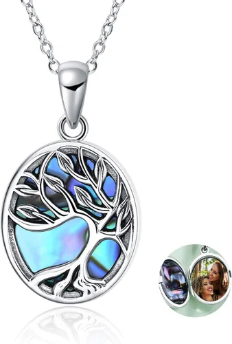 Vista 9 de ONEFINITY Collar con medallón de árbol de la vida, collar de plata de ley que sostiene fotos, colgante de medallón del árbol de la vida