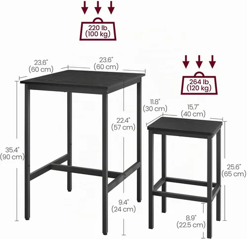 Vista 3 de VASAGLE - Juego de mesa de bar y sillas, mesa cuadrada con 2 taburetes, juego de pub para comedor para 2, ahorro de espacio para cocina, desayuno