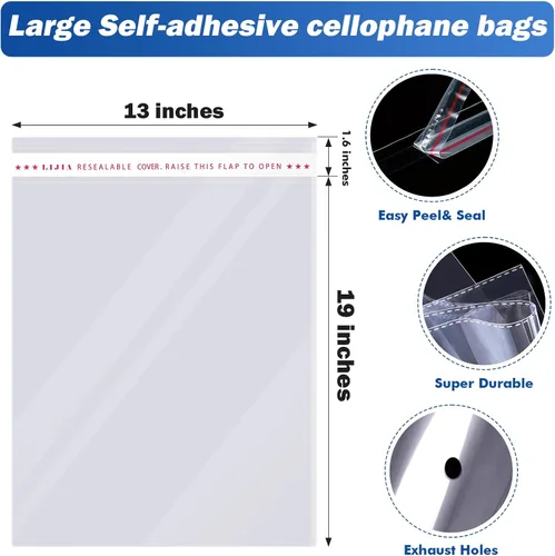 Vista 5 de 1000 bolsas de celofán resellables transparentes grandes de 13 x 19 pulgadas para productos de embalaje, bolsas de plástico autoadhesivas
