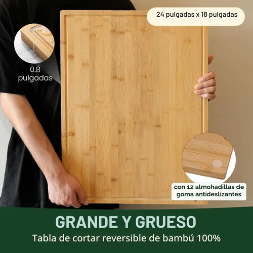 Vista 3 de Tabla de cortar de bambú de 24 pulgadas para cocina, tabla de cortar de madera extra grande con ranura profunda para jugo y mango, tabla de cortar
