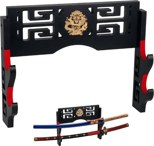 Vista 8 de Alyoen Soporte de pared Katana para espada Samurai con gancho acolchado de terciopelo y patrón de dragón, soporte de espada para sable de luz