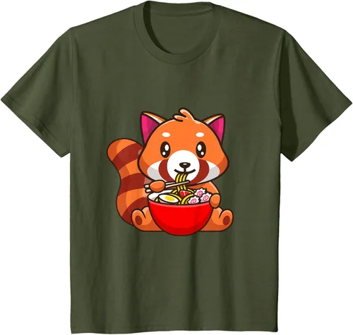 Vista 9 de Camiseta Kawaii Anime Red Panda Eating Ramen Noodles, Negro, S