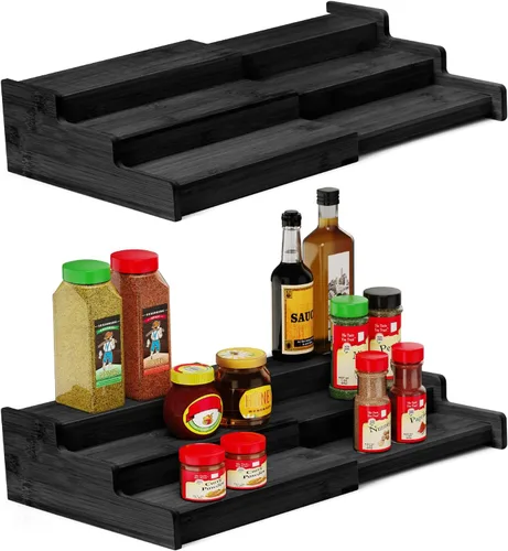 Vista 9 de VenDotbi Estante de especias, organizador de especias de bambú expandible de 3 niveles para gabinete, organizador de almacenamiento de cocina